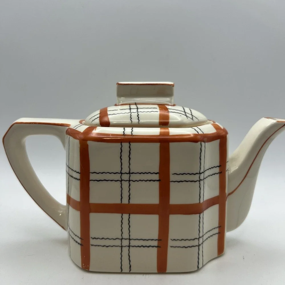 Vtg Gold Castle Japan Plaid Teapot Art Deco Orange Windowpane Check Spout Crack
